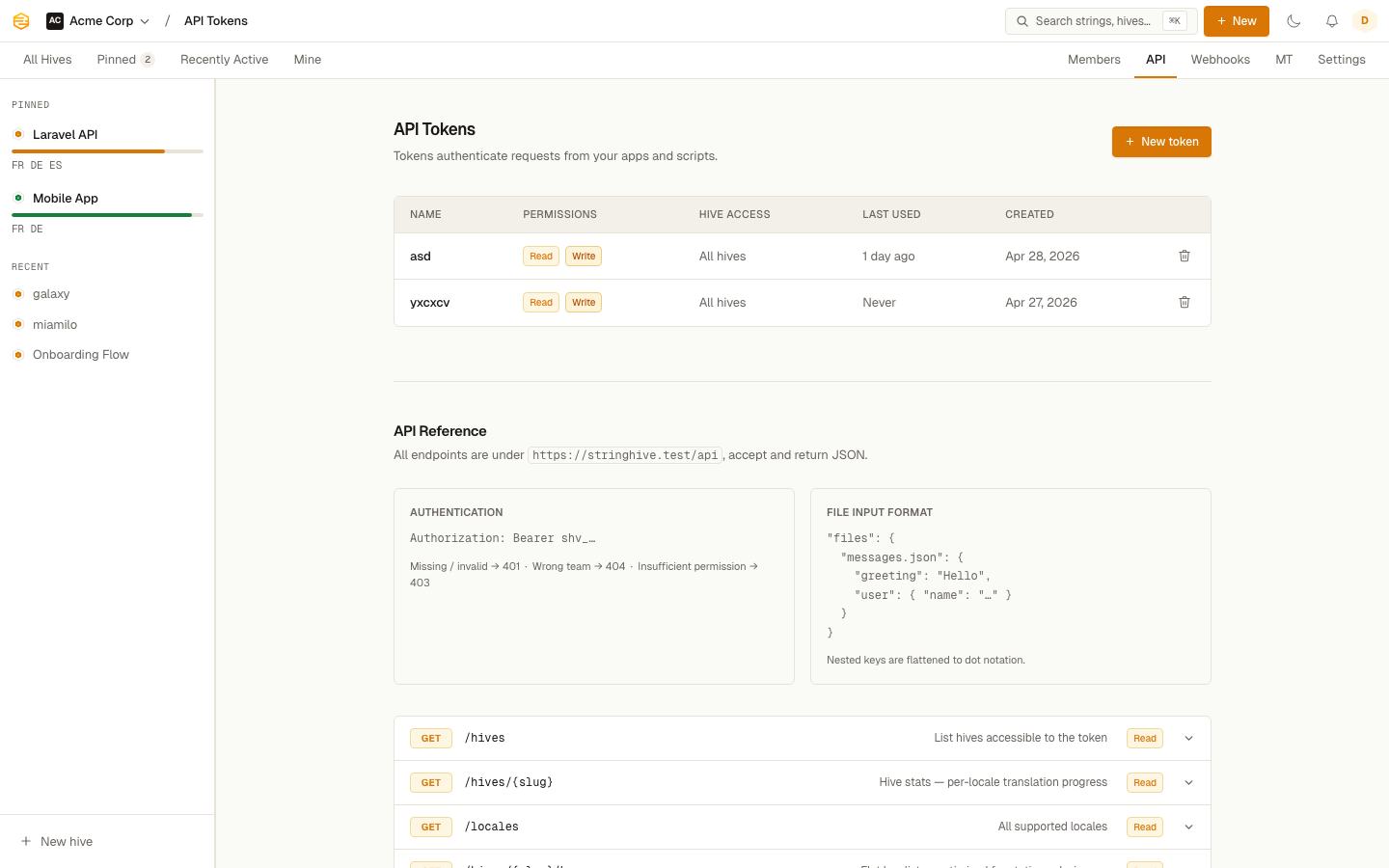 API tokens settings page showing token list with permissions and last used timestamps