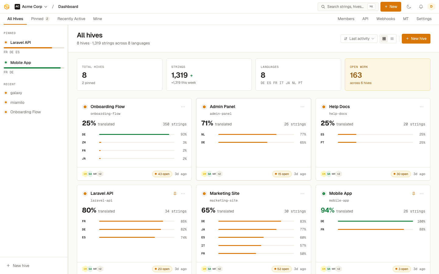 The Stringhive dashboard showing a team's hives with translation progress