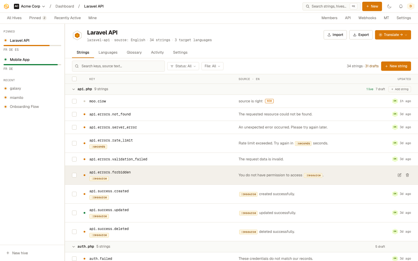 The Hive strings view showing translation keys grouped by file