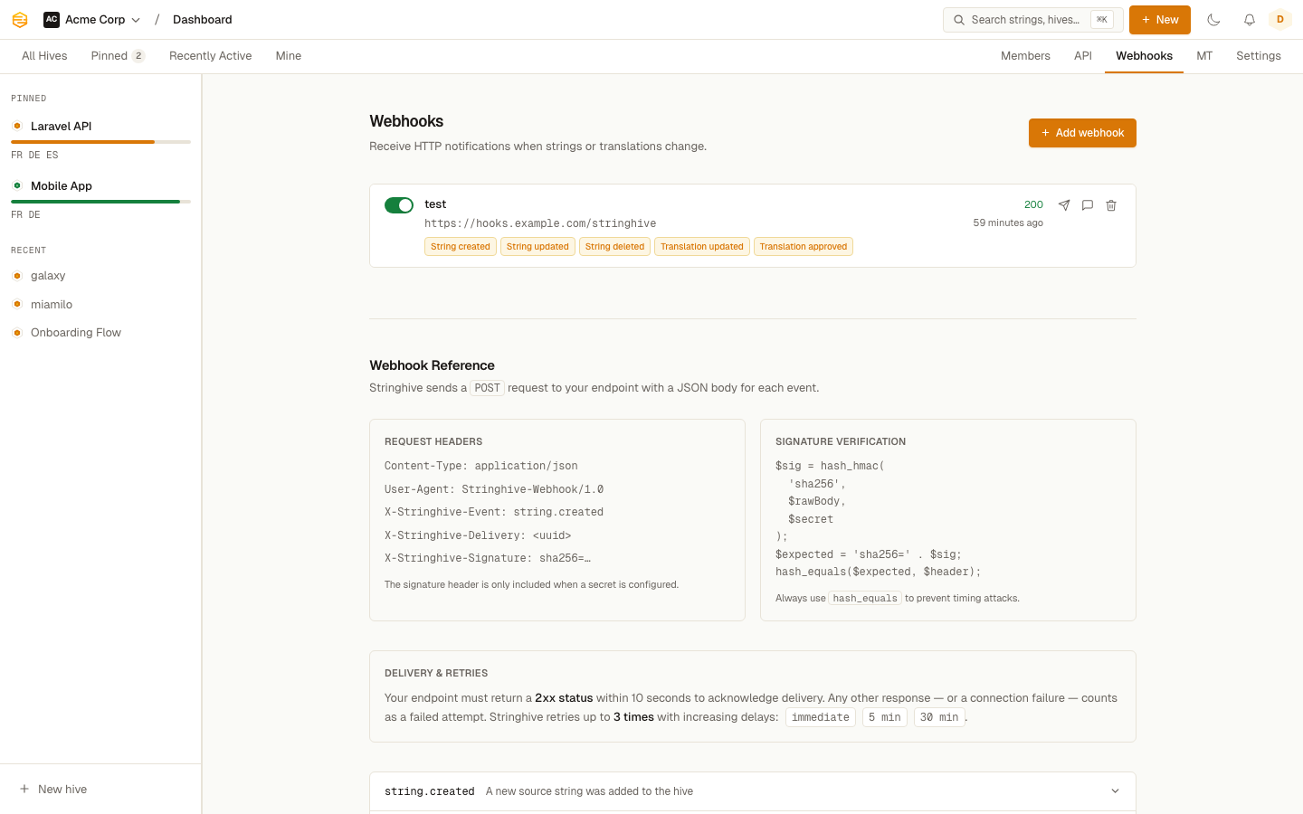 Webhooks settings page showing a configured webhook with event badges and last delivery status