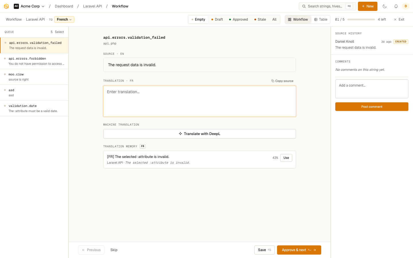 The translation editor with a string selected, showing source text, translation field, and machine translation suggestion
